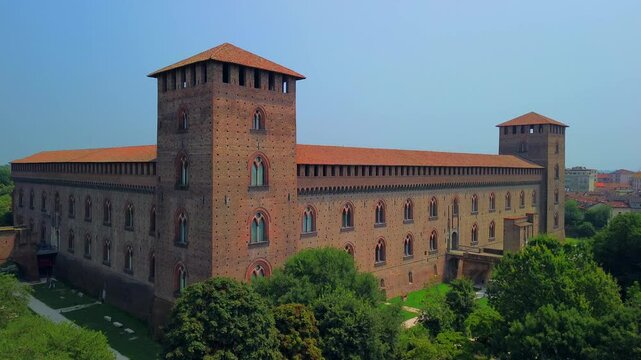 Drone view of the city with the cathedral and the castle of the Visconti dynasty and the museum, archaeological finds. City of a hundred towers historical medieval architecture. Italy Pavia 22.04.2025