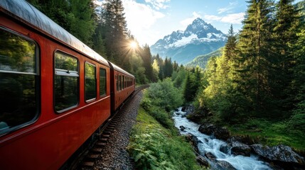 Fototapeta premium A picturesque red train travels through a lush forested mountain valley, with a snowy peak in the background and the sun setting, illuminating the serene landscape.