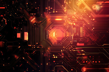 A futuristic circuit board design in festive New Year colors, featuring intricate digital technology elements, glowing lights, and advanced geometric patterns for a modern tech aesthetic.

