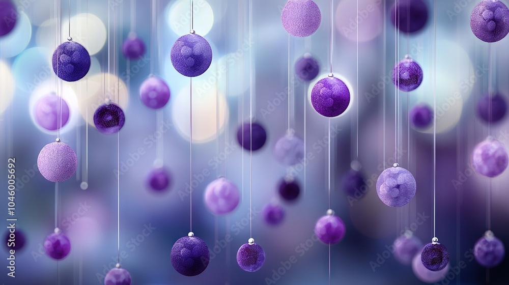 Poster a cluster of lilac orbs dangling on a twine against a azure-violet backdrop, with a hazy bokeh of il