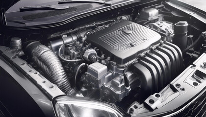 A modern car engine with a sleek black cover and silver stripes