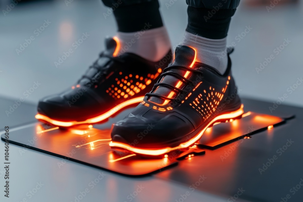 Poster advanced technology enhancing a person's strength, with cybernetic enhancements glowing as they stan