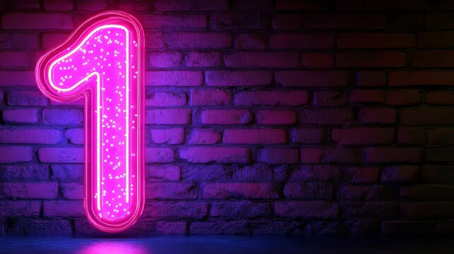 Glowing Pink Neon Number One, Sign Against a Dark Brick Wall Background, Nightclub Vibe.