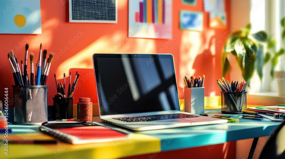 Poster the workspace features a laptop surrounded by colorful stationery items, plants, and artwork, creati