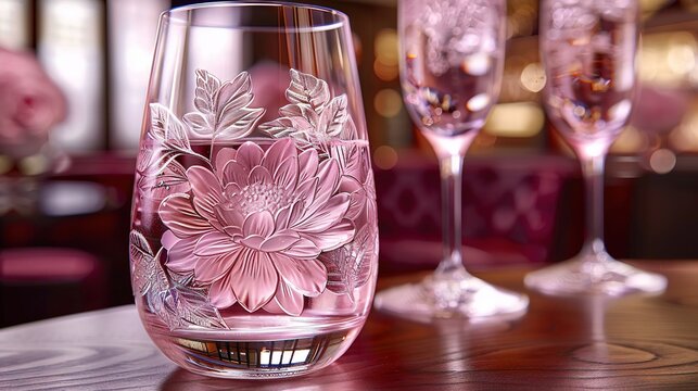   A zoomed-in image of a wine glass on a table, with one wine glass positioned closer to the viewer and another wine glass in the distance