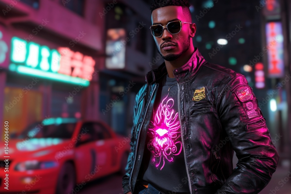 Poster cyberpunk character receiving a glowing token of appreciation in a neon-lit city, with futuristic de