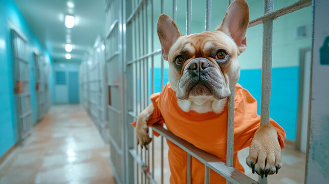 Bulldog in red inmate clothes in prison