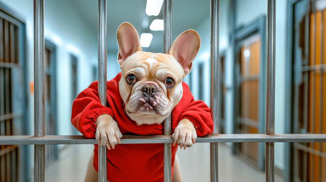 French bulldog in red inmate clothes in jail