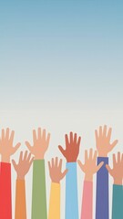 Obraz premium Group of colorful raised hands symbolizing diversity and unity in a flat digital illustration