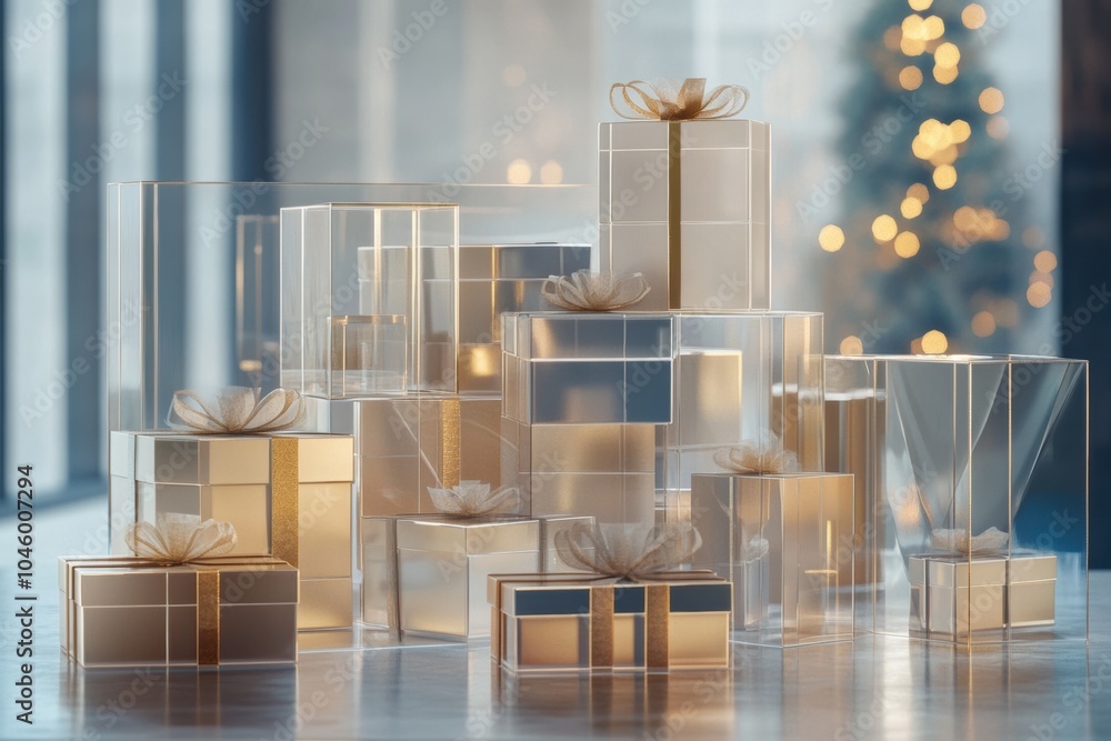 Poster Beautifully designed transparent gift boxes are arranged with warm bokeh lights, creating a festive atmosphere. Generative AI