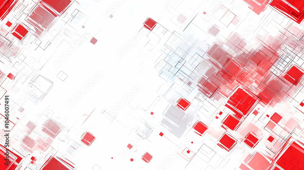 Poster exploring technology through a dynamic abstract red and white cubes background