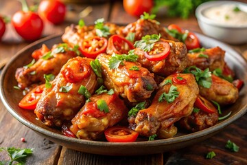 Fototapeta premium Spicy chicken wings with hot sauce, tomato, caramelized onions, and cilantro