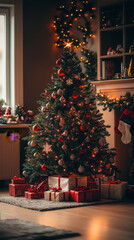 Cozy living room with decorated christmas tree and glowing lights
