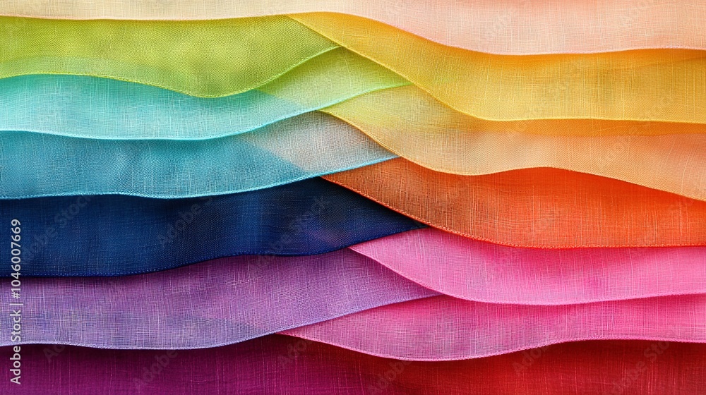 Poster a close-up of a multicolored sheer fabric background with various colored fabrics layered on top of 