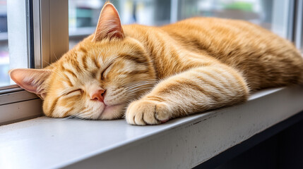 Close-up of charming orange cat sleeping on a windowsill, showcasing its relaxed expression