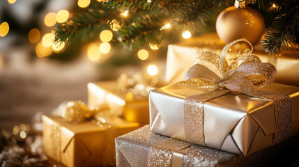 Luxurious gold christmas gifts with elegant ribbon under festive tree lights