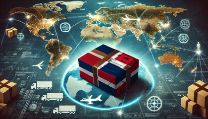 A Dominican Republic flag-wrapped package sits on a glowing map of the world, showcasing global trade routes with planes, trucks, and parcels connecting continents