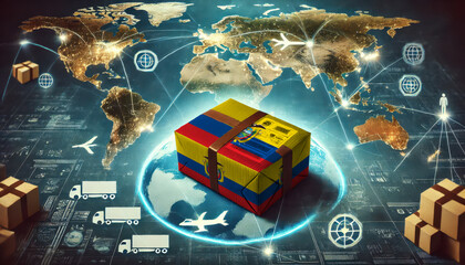 A Ecuador flag-wrapped package sits on a glowing map of the world, showcasing global trade routes with planes, trucks, and parcels connecting continents