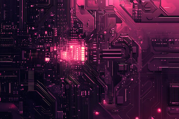 A futuristic circuit board design in festive New Year colors, featuring intricate digital technology elements, glowing lights, and advanced geometric patterns for a modern tech aesthetic.

