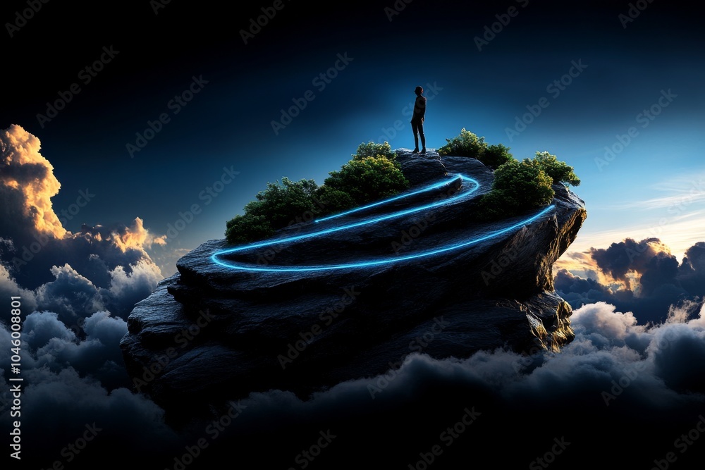 Poster futuristic depiction of a person exploring a digital landscape, symbolizing the new possibilities th