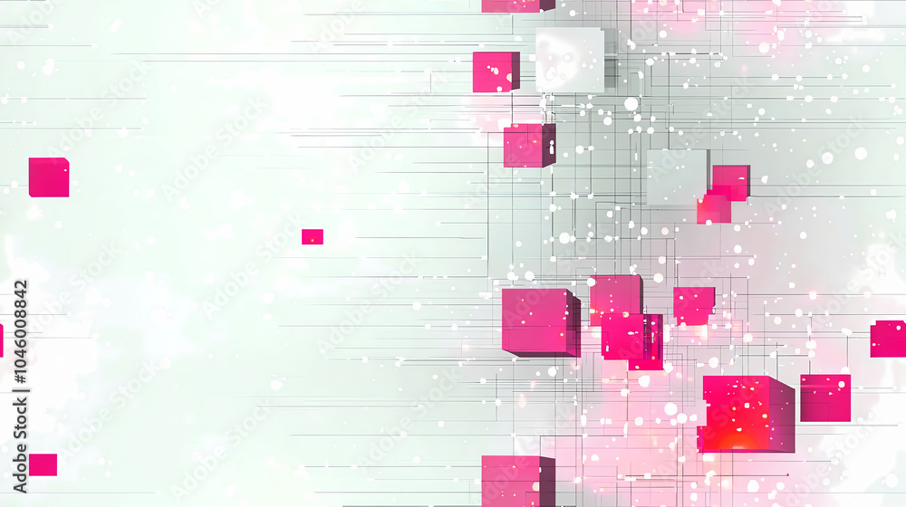 Poster abstract tech-inspired background with dynamic pink cubes in a modern digital landscape