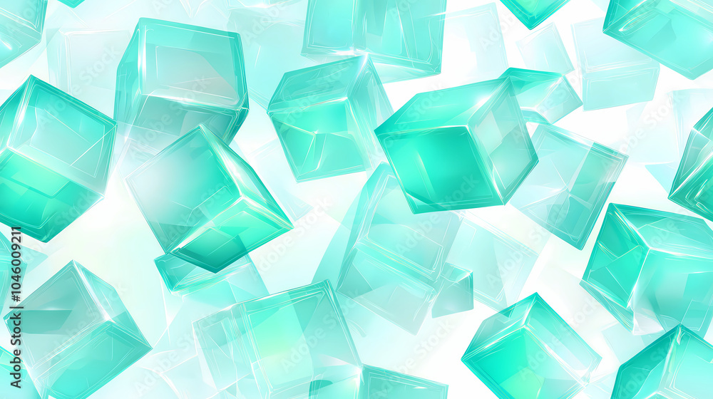 Poster dynamic teal cubes floating against a bright background, creating a futuristic tech atmosphere