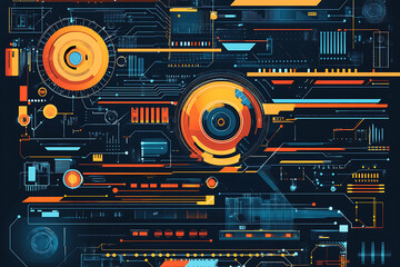 Obraz premium A futuristic circuit board design in festive New Year colors, featuring intricate digital technology elements, glowing lights, and advanced geometric patterns for a modern tech aesthetic.