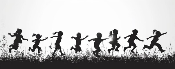 Obraz premium Black and white silhouettes of children jumping and playing in the grass, symbolizing childhood joy and freedom.