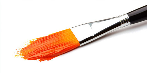 Fototapeta premium Orange oil paint brush with soft bristles and textured stroke, standing out on a white background, isolated for creative projects and artistic design