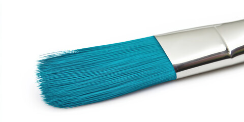 Bright turquoise oil paint brush with smooth bristles, isolated on a white background, showcasing a vivid stroke of color for creative use