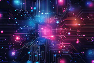 A futuristic circuit board design in festive New Year colors, featuring intricate digital technology elements, glowing lights, and advanced geometric patterns for a modern tech aesthetic.

