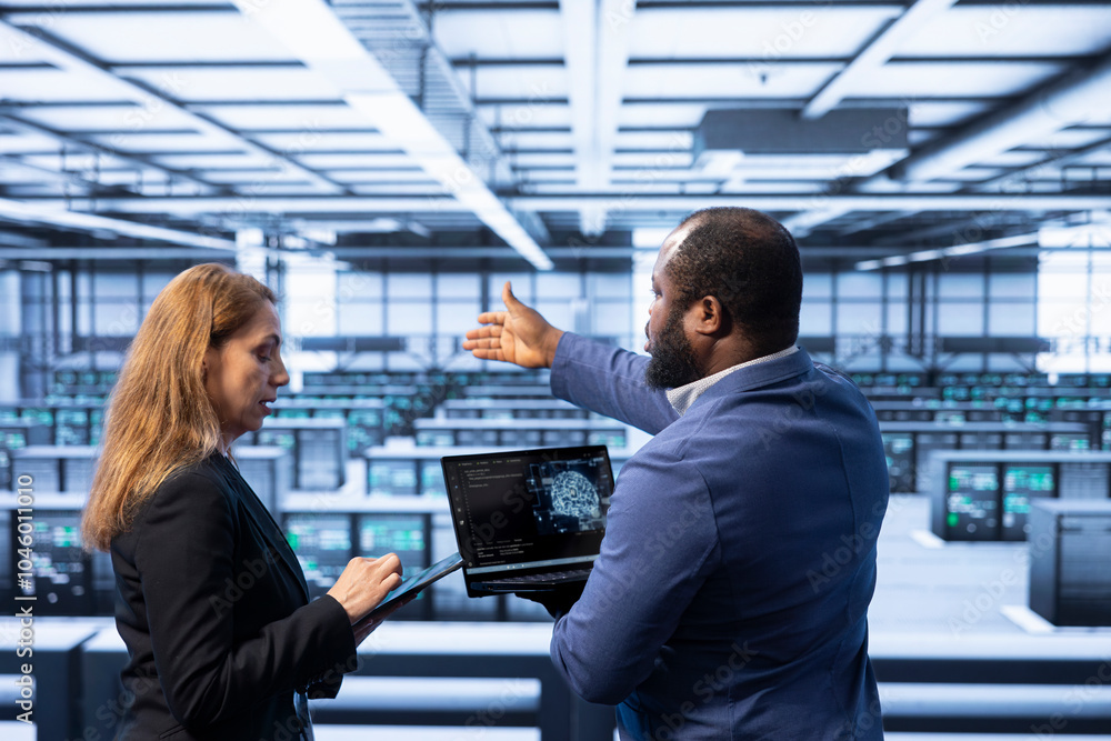 Poster team of technicians in data center using laptop to visualize artificial intelligence neural networks