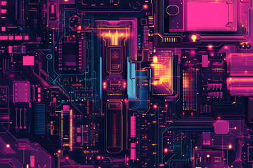 A futuristic circuit board design in festive New Year colors, featuring intricate digital technology elements, glowing lights, and advanced geometric patterns for a modern tech aesthetic.

