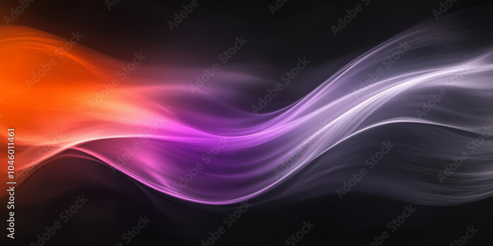 Poster grainy abstract background showcasing a glowing violet, orange, and light gray color wave on a black