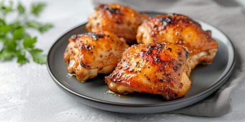 Appetizing chicken thighs in mustard honey glaze on grey plate with linen napkin on concrete background, delicious poultry dish