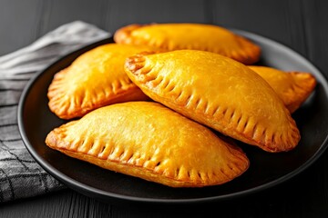 Baked, whole, homemade beef patties on black plate on concrete background, Jamaican chebureks stuffed with mincemeat, dish from cuisine of an exotic country