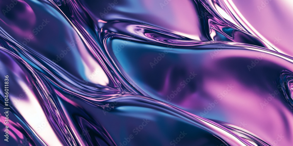 Poster swirling silver metallic forms combined with deep purple and cyan colors in a three-dimensional abst