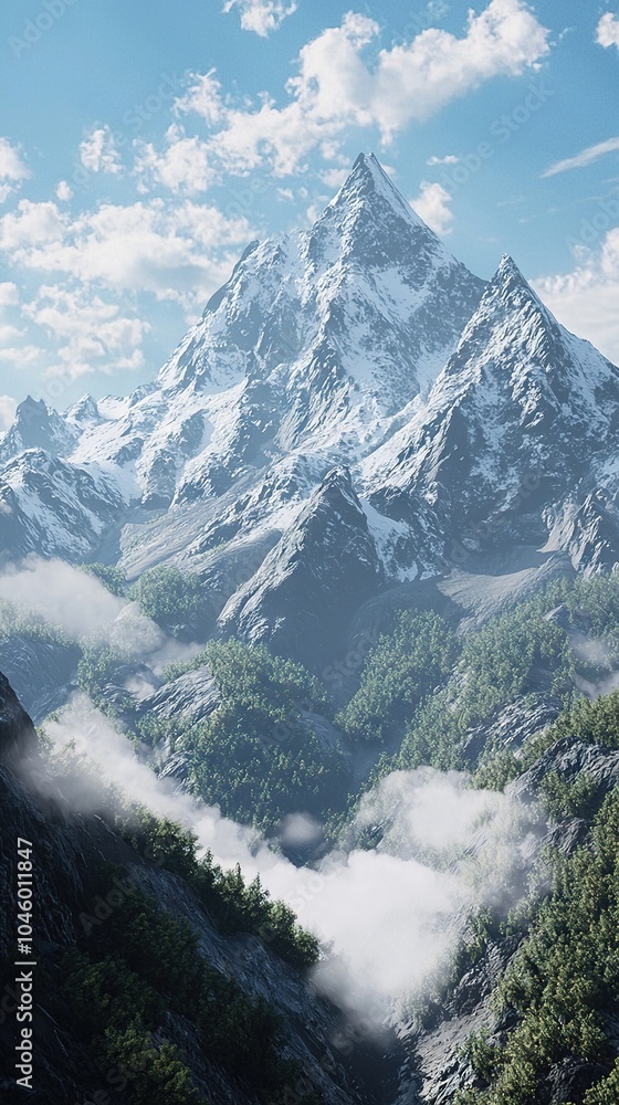 Poster a mountain with trees in the foreground and clouds in the background, set against a blue backdrop wi