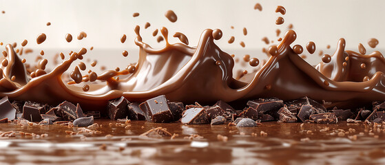Melted liquid chocolate background. Abstract chocolate splashing, melting brown chocolate wallpaper. Delicious chocolate backdrop