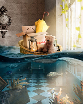 Bear sailing in flood with his things