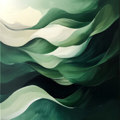 Obraz premium Abstract oil paint creating flowing wavy shapes in deep forest green and soft cream, resulting in a balanced and organic composition that evokes nature's beauty