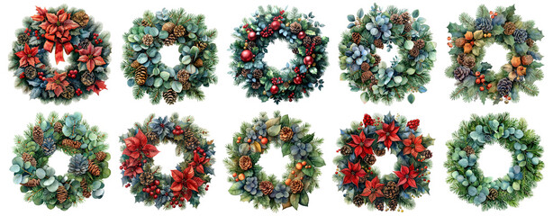 Watercolor Christmas wreaths. Decorated winter holidays wreath with fir tree branches, leaves and holly berries isolated illustration set. Cut out winter greenery wreath collection