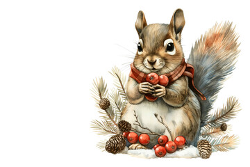 Watercolor squirrel xmas card. Cute Christmas little squirrel with winter holiday decorations background illustration. Watercolor Christmas squirrel
