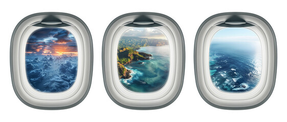 Aircraft portholes with nature view. Open airplane windows with ocean, mountains and cloudy sky view isolated illustration set. Flying jet interior with porthole views