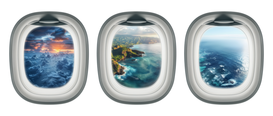 Aircraft portholes with nature view. Open airplane windows with ocean, mountains and cloudy sky view isolated illustration set. Flying jet interior with porthole views