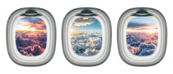 Airplane windows. Open aircraft portholes with sky view, sunset and sunrise clouds outside isolated illustration set. Jet interior with glass portholes views