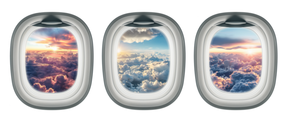 Airplane windows. Open aircraft portholes with sky view, sunset and sunrise clouds outside isolated illustration set. Jet interior with glass portholes views