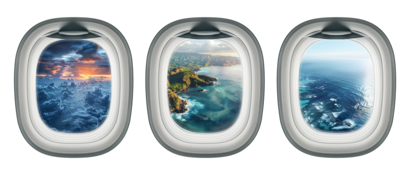 Aircraft portholes with nature view. Open airplane windows with ocean, mountains and cloudy sky view isolated illustration set. Flying jet interior with porthole views