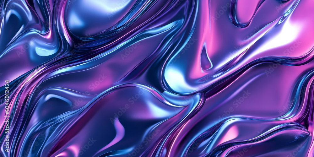 Poster swirling silver metallic forms combined with deep purple and cyan colors in a three-dimensional abst