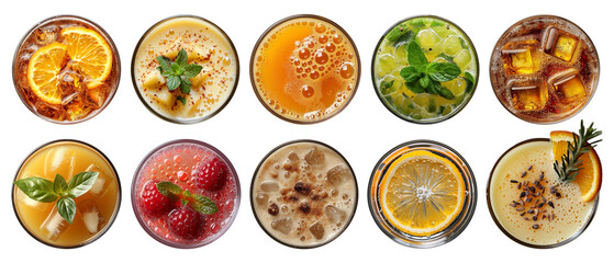 Cocktails top view. Glasses of cold mojito, daiquiri and pina colada cocktail, delicious alcoholic drinks isolated on transparent background. Cut out cocktails view from above